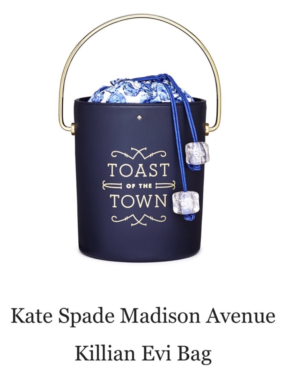 iSO kate spade navy and gold bucket bag with blue drawstring toast of the town